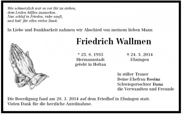 Wallmen Friedrich 1935-2014 Todesanzeige
